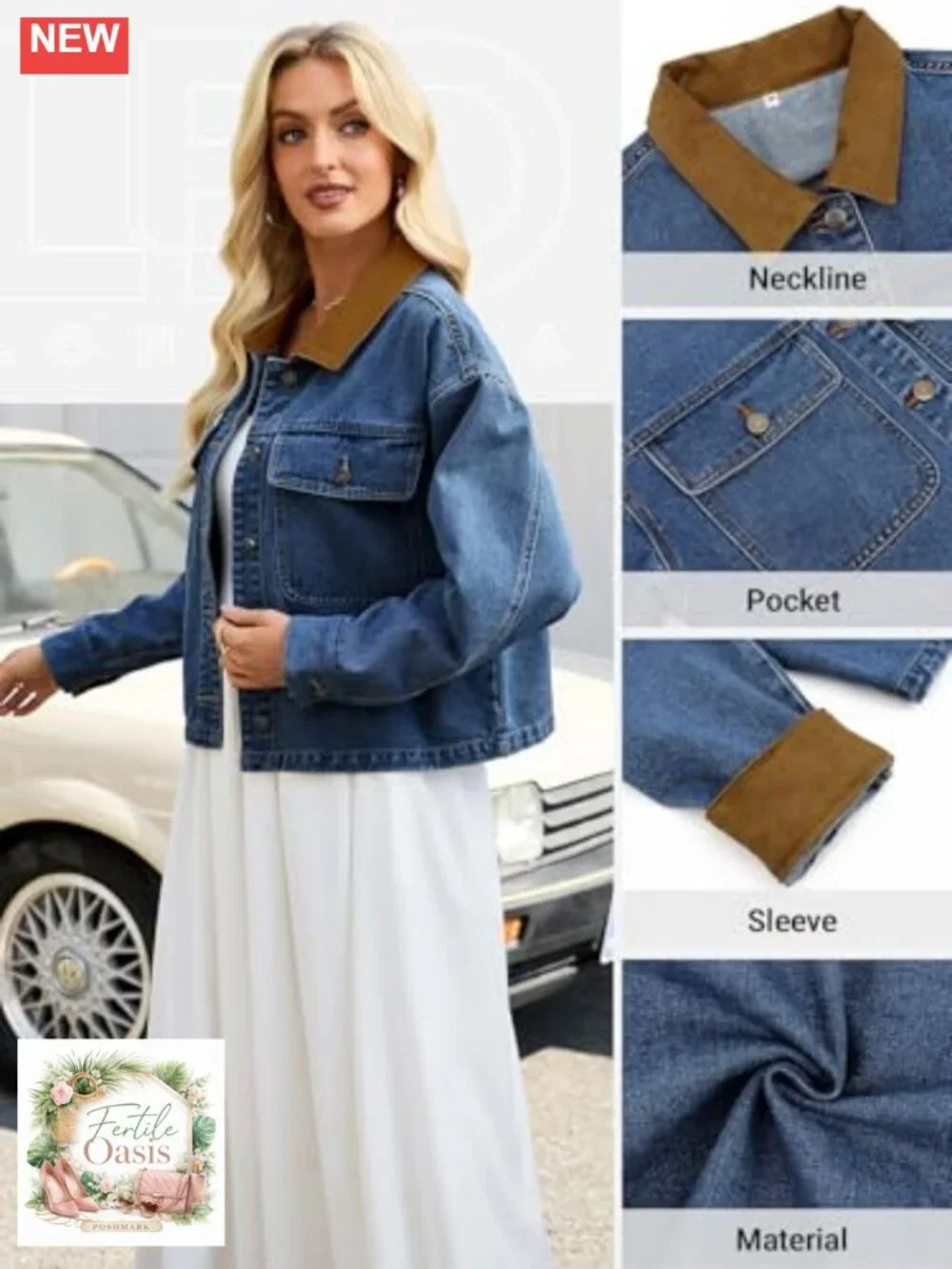 Cropped Oversized Denim Jacket Women Corduroy Contrast Collar